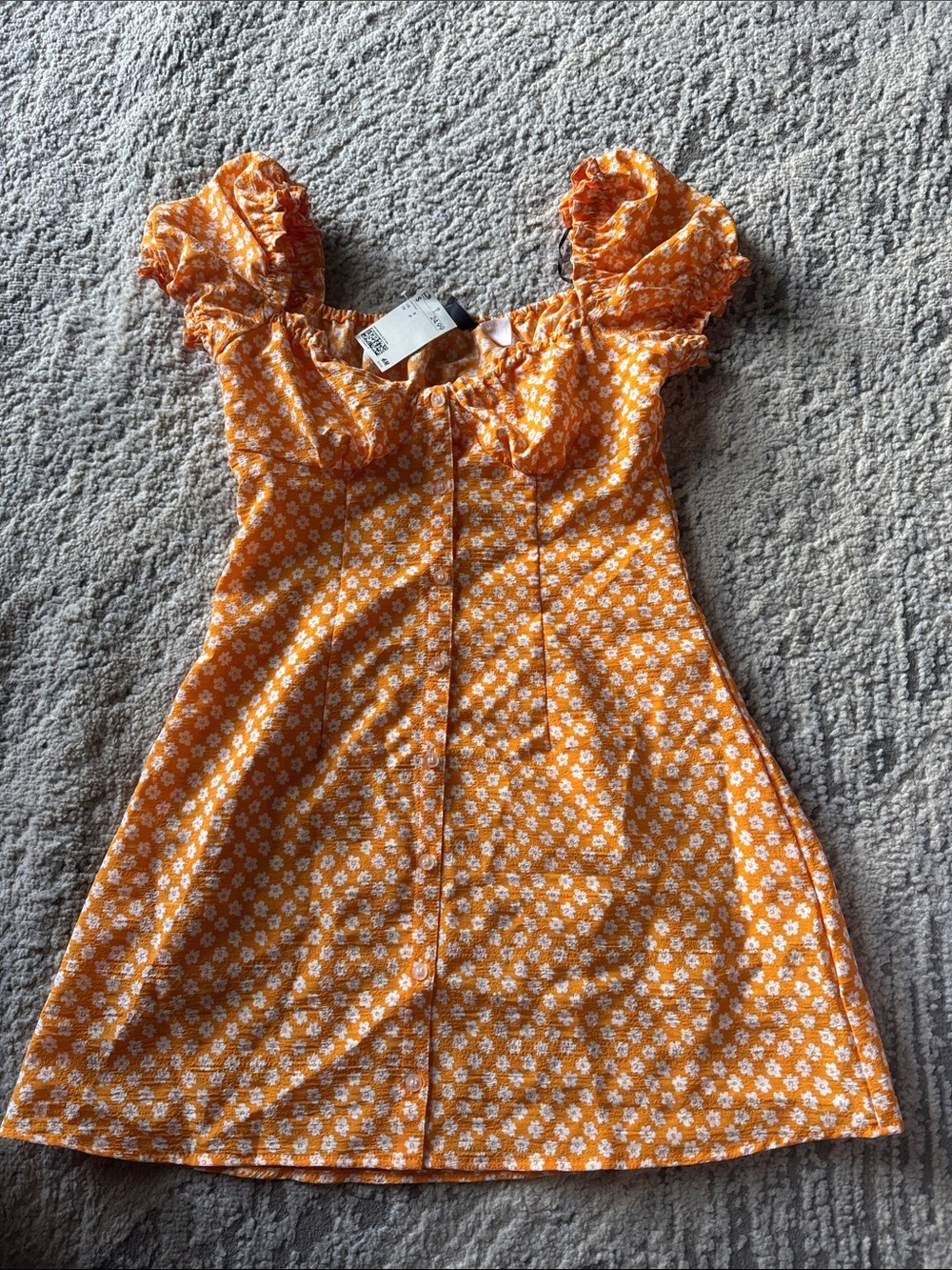 H&M Orange Floral Puff-Sleeve Button Dress for Women